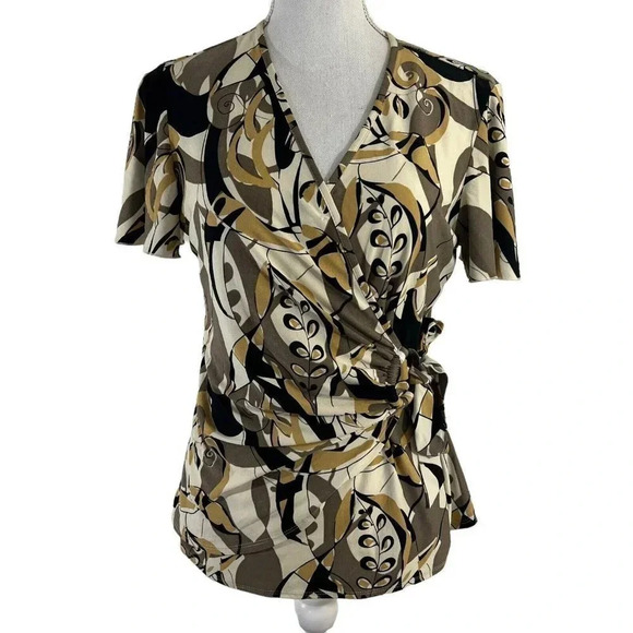 Essentials by Milano White Tan Black Floral Abstract Y2K Wrap Blouse Circle Ring - Picture 1 of 9
